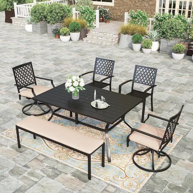Alt view image 7 of 7 - HERA'S HOUSE 6 Pieces Patio Dining Set, 2 x Cushioned Swivel Chair, 2 x Fixed Metal Chair, 56" Cushioned Bench and 61" Dining Table with Umbrella Hole, Outdoor Funiture Set for Deck, Garden, Backyard