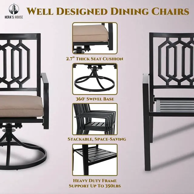 Alt view image 6 of 7 - HERA'S HOUSE Patio Dining Set for 6, 2 x Swivel Chairs, 2 x Metal Chairs, 1 x 56 Bench, 61" Rectangle Table with Umbrella Hole, Outdoor Table and Chairs for Deck Garden and Backyard