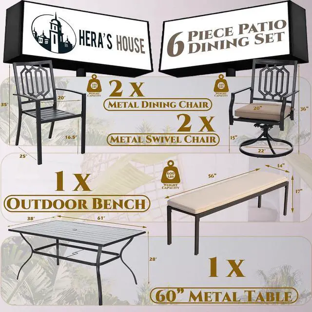 Alt view image 2 of 7 - HERA'S HOUSE Patio Dining Set for 6, 2 x Swivel Chairs, 2 x Metal Chairs, 1 x 56 Bench, 61" Rectangle Table with Umbrella Hole, Outdoor Table and Chairs for Deck Garden and Backyard