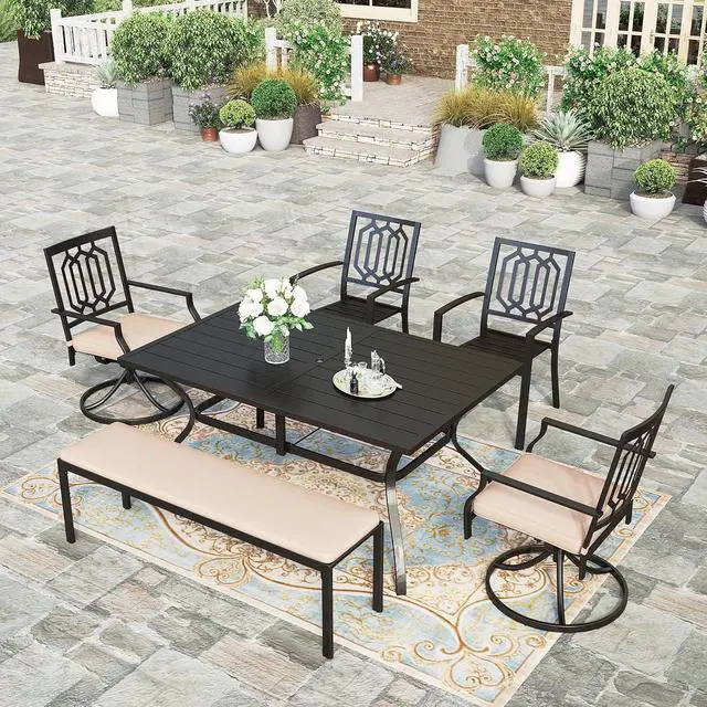 Alt view image 7 of 7 - HERA'S HOUSE Patio Dining Set for 6, 2 x Swivel Chairs, 2 x Metal Chairs, 1 x 56 Bench, 61" Rectangle Table with Umbrella Hole, Outdoor Table and Chairs for Deck Garden and Backyard