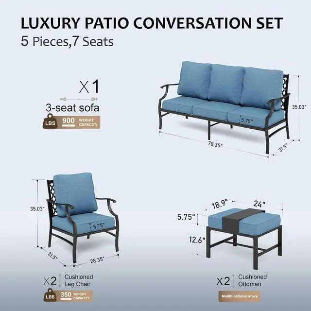 Alt view image 6 of 6 - HERA'S HOUSE 5-Piece Metal Outdoor Conversation Set, 7 Seats | Navy Blue Leg Chair + Ottoman, Single chairs could support up to 350lbs, Traditional