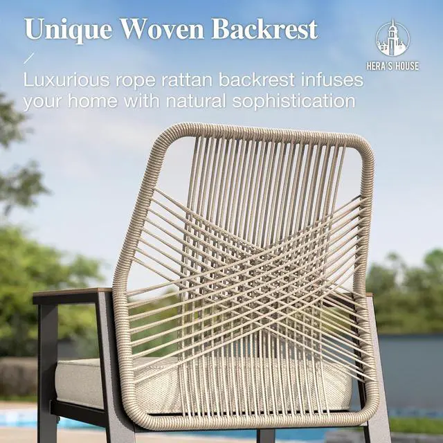 Alt view image 2 of 7 - HERA'S HOUSE 3 Pieces Patio Furniture, Outdoor Wicker Bar Stools Set, Counter Height Bar Set with Rattan Backrest, All-Weather 55 High Top Table and Chairs for Backyard, Balcony