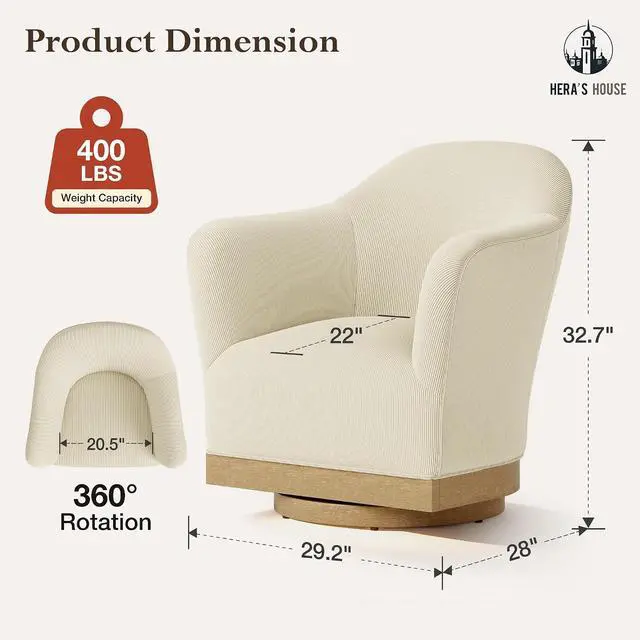 Alt view image 2 of 7 - HERA'S HOUSE Swivel Barrel Accent Chair, Wood Base High-Back Corduroy Beige | Modern Armchair, Reinforced Frame, Wide Swivel Base, Ergonomic High-Back Support, Fully Assembled, Living Room Bedroom