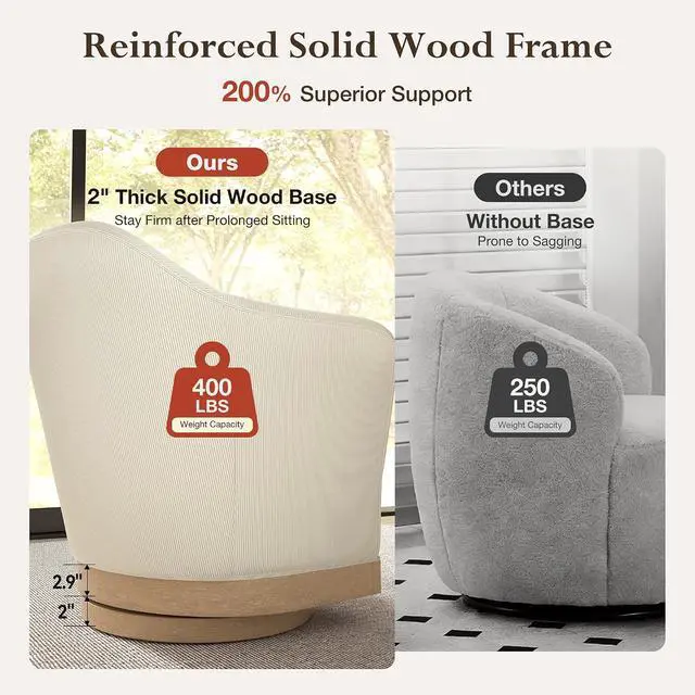 Alt view image 4 of 7 - HERA'S HOUSE Swivel Barrel Accent Chair, Wood Base High-Back Corduroy Beige | Modern Armchair, Reinforced Frame, Wide Swivel Base, Ergonomic High-Back Support, Fully Assembled, Living Room Bedroom