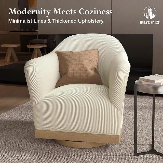 Alt view image 3 of 7 - HERA'S HOUSE Swivel Barrel Accent Chair, Wood Base High-Back Corduroy Beige | Modern Armchair, Reinforced Frame, Wide Swivel Base, Ergonomic High-Back Support, Fully Assembled, Living Room Bedroom