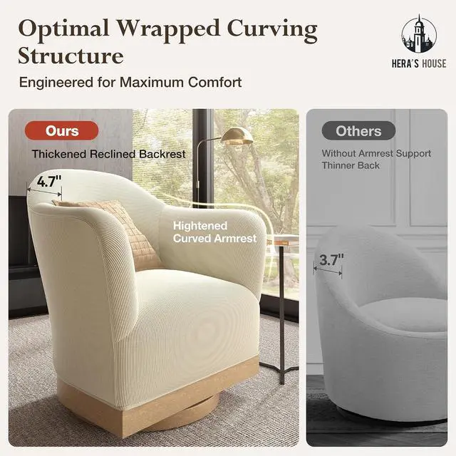 Alt view image 6 of 7 - HERA'S HOUSE Swivel Barrel Accent Chair, Wood Base High-Back Corduroy Beige | Modern Armchair, Reinforced Frame, Wide Swivel Base, Ergonomic High-Back Support, Fully Assembled, Living Room Bedroom