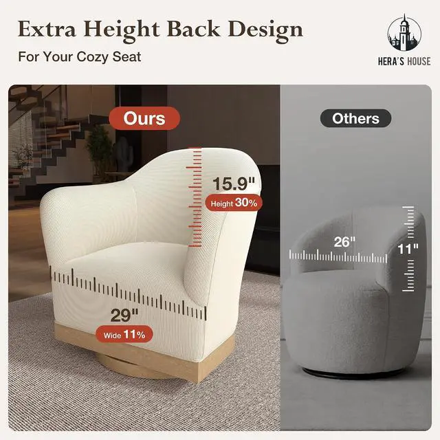 Alt view image 5 of 7 - HERA'S HOUSE Swivel Barrel Accent Chair, Wood Base High-Back Corduroy Beige | Modern Armchair, Reinforced Frame, Wide Swivel Base, Ergonomic High-Back Support, Fully Assembled, Living Room Bedroom