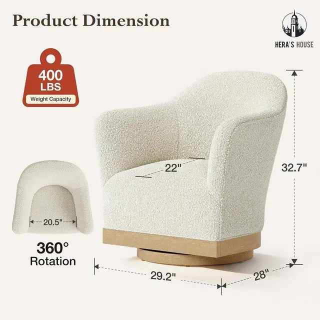 Alt view image 2 of 7 - HERA'S HOUSE Swivel Barrel Accent Chair, Wood Base, High-Back, Boucle White | Modern Armchair, Reinforced Frame, Wide Swivel Base, Ergonomic High-Back Support, Fully Assembled, Living Room Bedroom