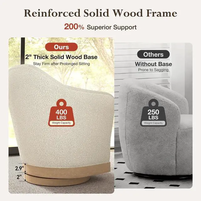 Alt view image 4 of 7 - HERA'S HOUSE Swivel Barrel Accent Chair, Wood Base, High-Back, Boucle White | Modern Armchair, Reinforced Frame, Wide Swivel Base, Ergonomic High-Back Support, Fully Assembled, Living Room Bedroom