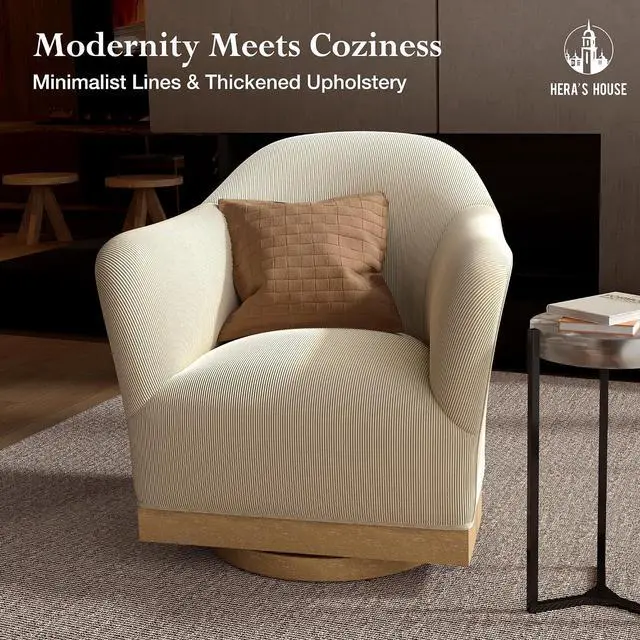 Alt view image 2 of 7 - HERA'S HOUSE Swivel Barrel Accent Chair, Wood Base, High-Back Corduroy Grey | Modern Armchair, Reinforced Frame, Wide Swivel Base, Ergonomic High-Back Support, Fully Assembled, Living Room Bedroom