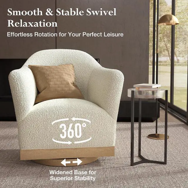 Alt view image 3 of 7 - HERA'S HOUSE Swivel Barrel Accent Chair, Wood Base, High-Back, Boucle White | Modern Armchair, Reinforced Frame, Wide Swivel Base, Ergonomic High-Back Support, Fully Assembled, Living Room Bedroom