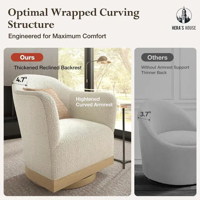 Alt view image 6 of 7 - HERA'S HOUSE Swivel Barrel Accent Chair, Wood Base, High-Back, Boucle White | Modern Armchair, Reinforced Frame, Wide Swivel Base, Ergonomic High-Back Support, Fully Assembled, Living Room Bedroom