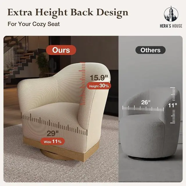 Alt view image 4 of 7 - HERA'S HOUSE Swivel Barrel Accent Chair, Wood Base, High-Back Corduroy Grey | Modern Armchair, Reinforced Frame, Wide Swivel Base, Ergonomic High-Back Support, Fully Assembled, Living Room Bedroom