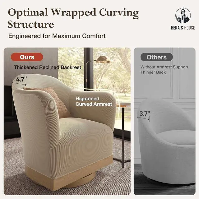 Alt view image 5 of 7 - HERA'S HOUSE Swivel Barrel Accent Chair, Wood Base, High-Back Corduroy Grey | Modern Armchair, Reinforced Frame, Wide Swivel Base, Ergonomic High-Back Support, Fully Assembled, Living Room Bedroom