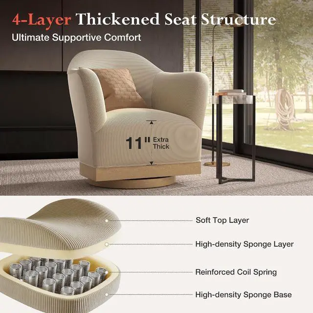 Alt view image 7 of 7 - HERA'S HOUSE Swivel Barrel Accent Chair, Wood Base, High-Back Corduroy Grey | Modern Armchair, Reinforced Frame, Wide Swivel Base, Ergonomic High-Back Support, Fully Assembled, Living Room Bedroom