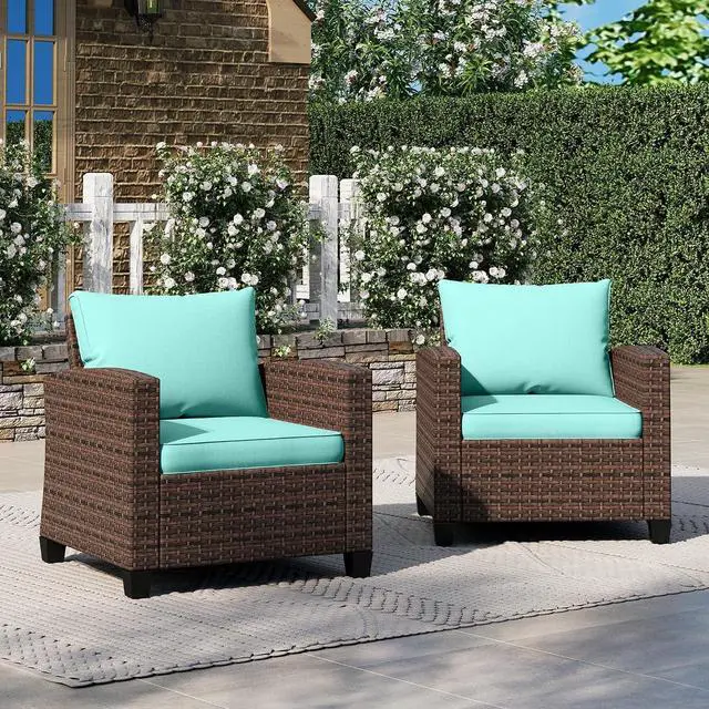 Main image of HERA'S HOUSE Patio Wicker Chairs, Outdoor Rattan Chairs Set of 2, Wicker Patio Conversation Furniture Sets with 4" Thick Cushions for Lawn Deck Porch Pool, Brown/Blue