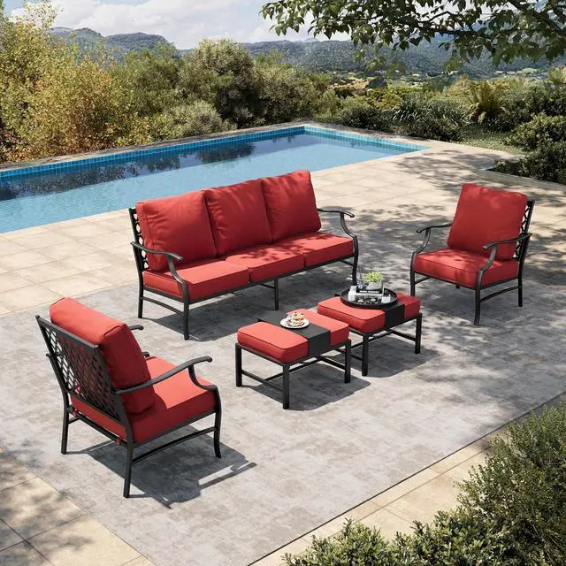 Main image of HERA'S HOUSE 5-Piece Metal Outdoor Conversation Set, 7 Seats | Red Leg Chair + Ottoman, Single chairs could support up to 350lbs