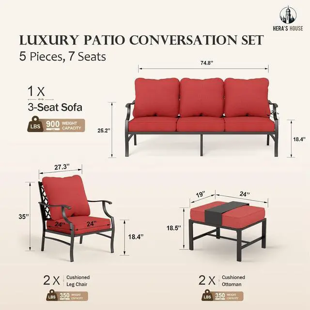 Alt view image 6 of 7 - HERA'S HOUSE 5-Piece Metal Outdoor Conversation Set, 7 Seats | Red Leg Chair + Ottoman, Single chairs could support up to 350lbs