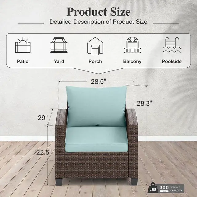Alt view image 6 of 7 - HERA'S HOUSE Patio Wicker Chairs, Outdoor Rattan Chairs Set of 2, Wicker Patio Conversation Furniture Sets with 4" Thick Cushions for Lawn Deck Porch Pool, Brown/Blue