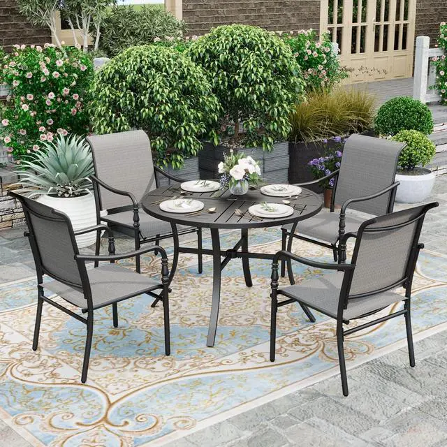Main image of HERA'S HOUSE 5pc Patio Dining Set, 42" Round Table, 4 Textilene Chairs | Metal table with umbrella hole. Gourd armrest chairs. Waterproof, rust-resistant, all-weather for backyard, porch