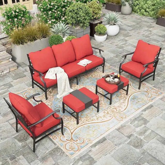 Alt view image 7 of 7 - HERA'S HOUSE 5-Piece Metal Outdoor Conversation Set, 7 Seats | Red Leg Chair + Ottoman, Single chairs could support up to 350lbs