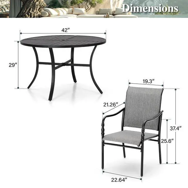 Alt view image 6 of 7 - HERA'S HOUSE 5pc Patio Dining Set, 42" Round Table, 4 Textilene Chairs | Metal table with umbrella hole. Gourd armrest chairs. Waterproof, rust-resistant, all-weather for backyard, porch