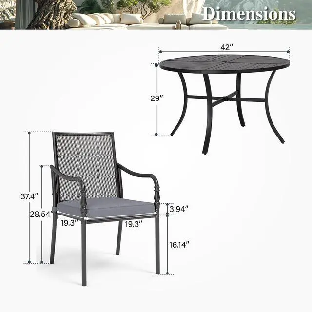 Alt view image 6 of 7 - HERA'S HOUSE 5pc Patio Dining Set, 42" Round Table, 4 Mesh Chairs | Metal table with umbrella hole, Cushioned gourd armrest chairs. Rust-resistant, all-weather for yard, porch