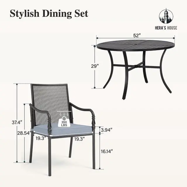 Alt view image 6 of 7 - HERA'S HOUSE 7pc Patio Dining Set, 54" Round Table, 6 Mesh Chairs | Metal table with umbrella hole, Cushioned gourd armrest chairs. Rust-resistant, all-weather for yard, porch