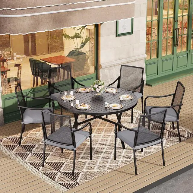 Main image of HERA'S HOUSE 7pc Patio Dining Set, 54" Round Table, 6 Mesh Chairs | Metal table with umbrella hole, Cushioned gourd armrest chairs. Rust-resistant, all-weather for yard, porch