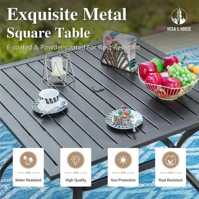 Alt view image 5 of 7 - HERA'S HOUSE 5pc Patio Dining Set, 37" Square Table, 4 Mesh Chairs | Metal table with umbrella hole, Cushioned gourd armrest chairs. Rust-resistant, all-weather for yard, porch