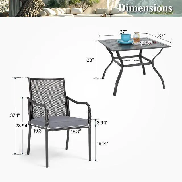 Alt view image 6 of 7 - HERA'S HOUSE 5pc Patio Dining Set, 37" Square Table, 4 Mesh Chairs | Metal table with umbrella hole, Cushioned gourd armrest chairs. Rust-resistant, all-weather for yard, porch