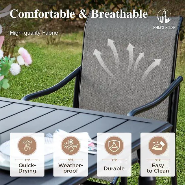 Alt view image 4 of 7 - HERA'S HOUSE 9pc Patio Dining Set, 83" Metal Table, 8 Textilene Chairs | Rectangular table with umbrella hole. Gourd armrest chairs. Waterproof, rust-resistant, all-weather for backyard, porch