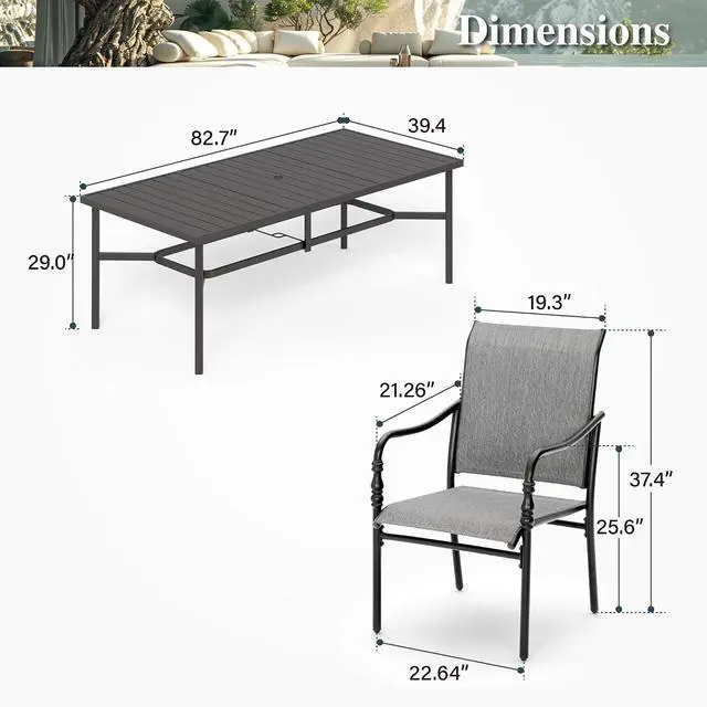 Alt view image 6 of 7 - HERA'S HOUSE 9pc Patio Dining Set, 83" Metal Table, 8 Textilene Chairs | Rectangular table with umbrella hole. Gourd armrest chairs. Waterproof, rust-resistant, all-weather for backyard, porch
