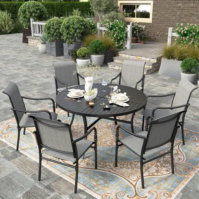 Main image of HERA'S HOUSE 7pc Patio Dining Set, 54" Round Table, 6 Textilene Chairs | Metal table with umbrella hole. Gourd armrest chairs. Waterproof, rust-resistant, all-weather for backyard, porch