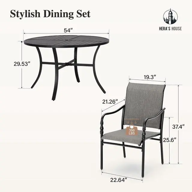 Alt view image 6 of 7 - HERA'S HOUSE 7pc Patio Dining Set, 54" Round Table, 6 Textilene Chairs | Metal table with umbrella hole. Gourd armrest chairs. Waterproof, rust-resistant, all-weather for backyard, porch