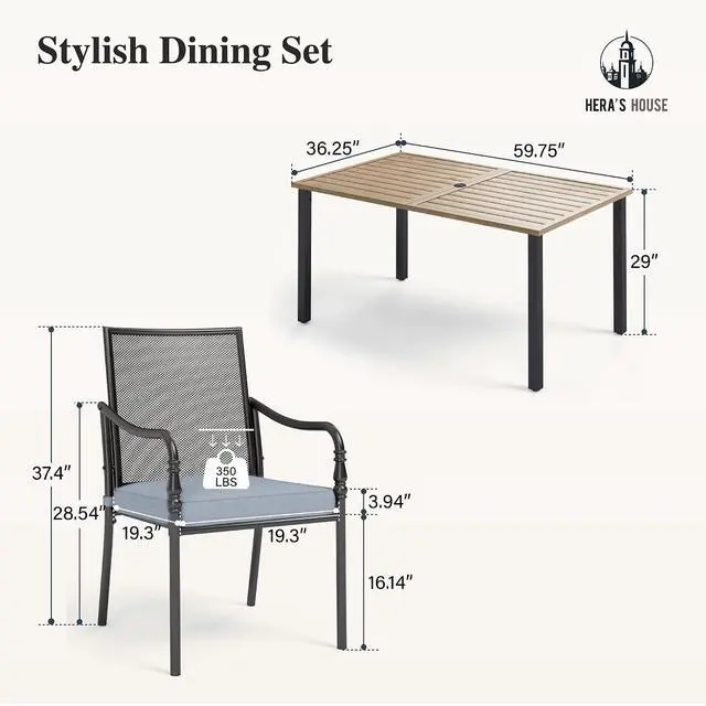 Alt view image 6 of 7 - HERA'S HOUSE 7pc Patio Dining Set, Wood-Look Metal Table, 6 Mesh Chairs | 60" Rectangular table with umbrella hole, Cushioned gourd armrest chairs. Rust-resistant, all-weather for yard, porch