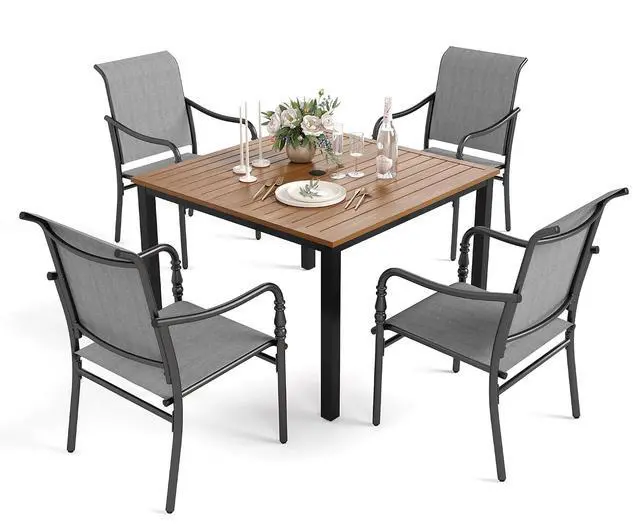 Alt view image 7 of 7 - HERA'S HOUSE 5pc Patio Dining Set, 42" Square Table, 4 Textilene Chairs | Wood-Look Metal Table with umbrella hole. Gourd armrest chairs. Waterproof, rust-resistant, all-weather for backyard, porch