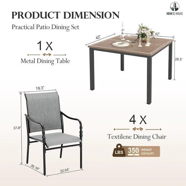 Alt view image 6 of 7 - HERA'S HOUSE 5pc Patio Dining Set, 42" Square Table, 4 Textilene Chairs | Wood-Look Metal Table with umbrella hole. Gourd armrest chairs. Waterproof, rust-resistant, all-weather for backyard, porch