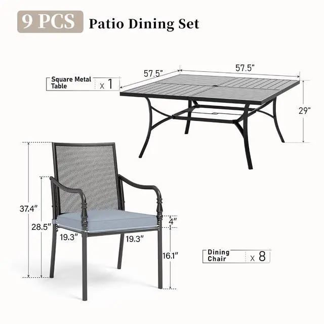 Alt view image 6 of 7 - HERA'S HOUSE 9pc Patio Dining Set, 57.5" Square Table, 8 Mesh Chairs | Metal table with umbrella hole, Cushioned gourd armrest chairs. Rust-resistant, all-weather for yard, porch