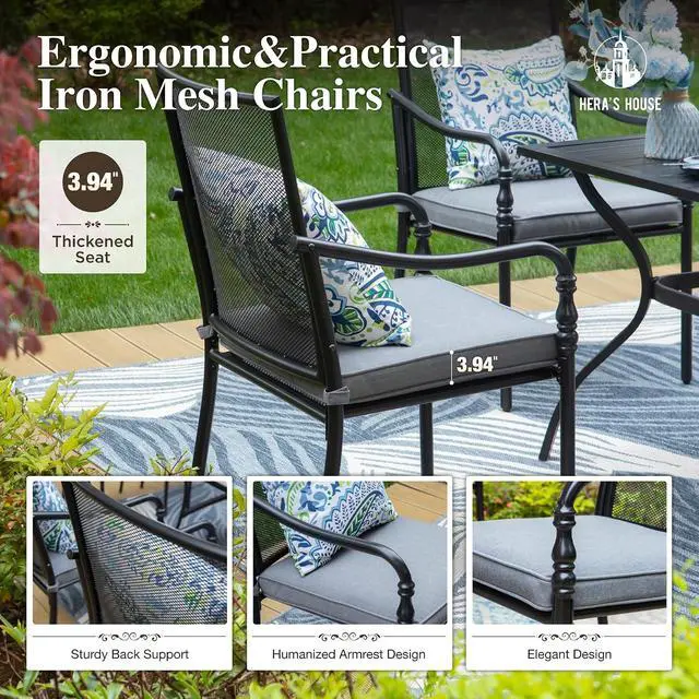 Alt view image 2 of 7 - HERA'S HOUSE 7pc Patio Dining Set, Wood-Look Metal Table, 6 Mesh Chairs | 60" Rectangular table with umbrella hole, Cushioned gourd armrest chairs. Rust-resistant, all-weather for yard, porch