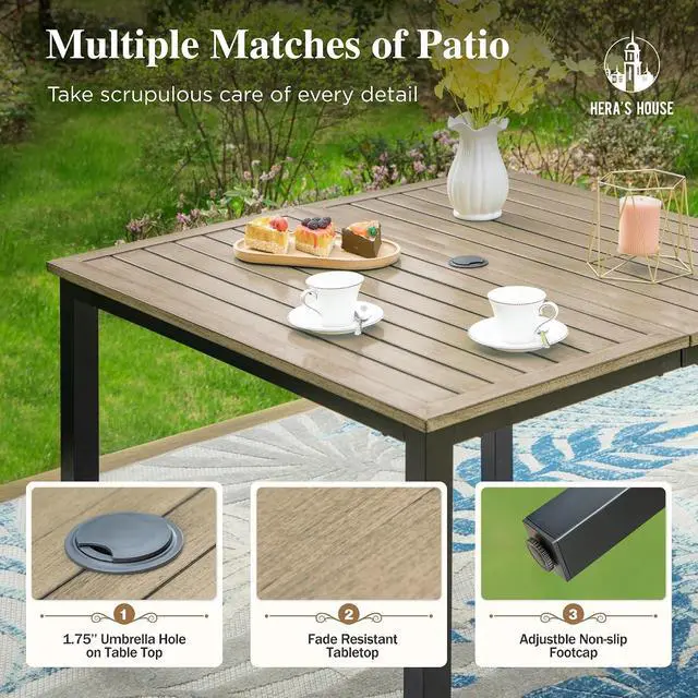 Alt view image 3 of 7 - HERA'S HOUSE 5pc Patio Dining Set, 42" Square Table, 4 Mesh Chairs | Square Wood-look metal table, Cushioned gourd armrest chairs. Rust-resistant, all-weather for yard, porch