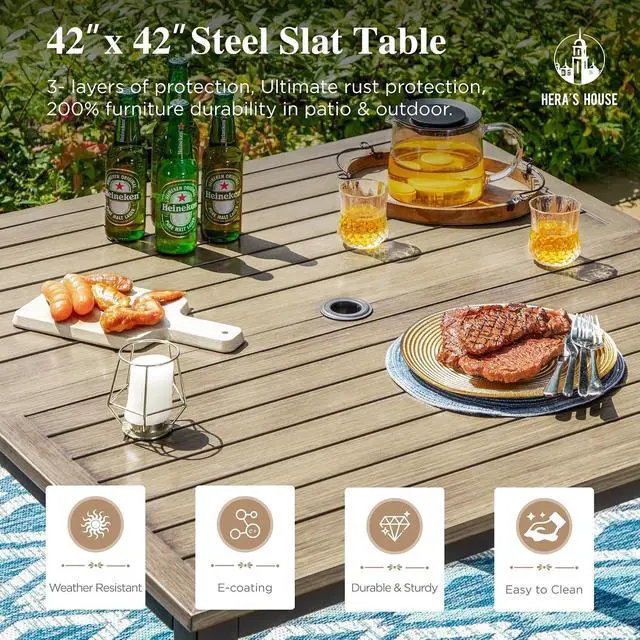 Alt view image 5 of 7 - HERA'S HOUSE 5pc Patio Dining Set, 42" Square Table, 4 Mesh Chairs | Square Wood-look metal table, Cushioned gourd armrest chairs. Rust-resistant, all-weather for yard, porch