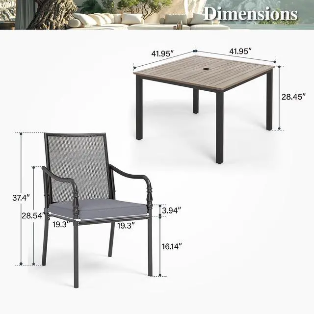 Alt view image 6 of 7 - HERA'S HOUSE 5pc Patio Dining Set, 42" Square Table, 4 Mesh Chairs | Square Wood-look metal table, Cushioned gourd armrest chairs. Rust-resistant, all-weather for yard, porch