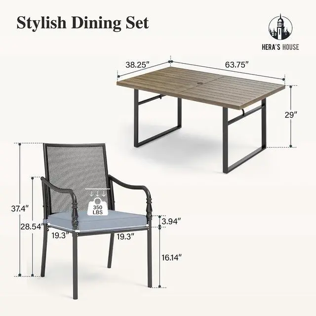 Alt view image 6 of 7 - HERA'S HOUSE 7pc Patio Dining Set, Wood-Look Metal Table, 6 Mesh Chairs | 64" Rectangular table with umbrella hole, Cushioned gourd armrest chairs. Rust-resistant, all-weather for yard, porch