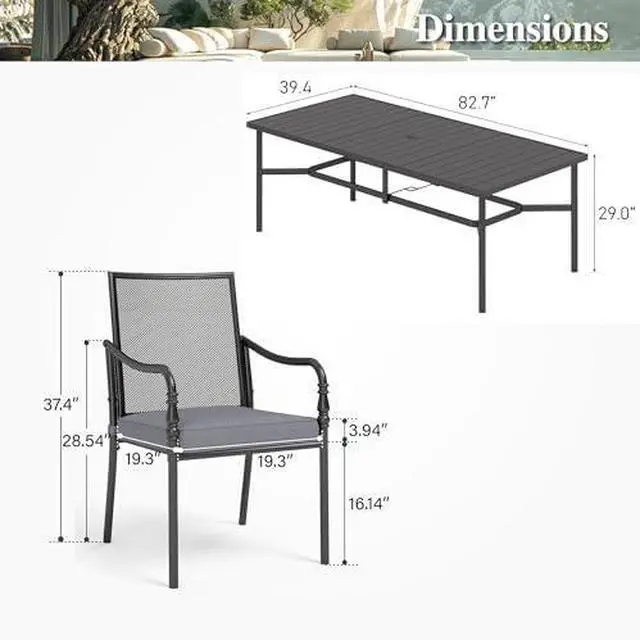 Alt view image 2 of 7 - HERA'S HOUSE Patio Table and Chairs Set, 83" Rectangle Table with 8 Cushioned Armrest Chairs, 9 Pieces Outdoor Patio Dining Sets for Backyard Garden Lawn