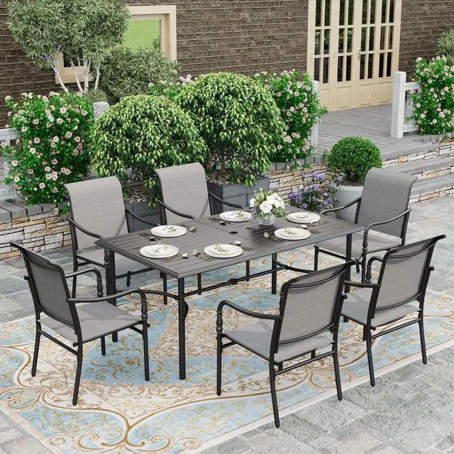 Main image of HERA'S HOUSE 7pc Patio Dining Set, 67" Metal Table, 6 Textilene Chairs | Rectangular table with umbrella hole. Gourd armrest chairs. Waterproof, rust-resistant, all-weather for backyard, porch