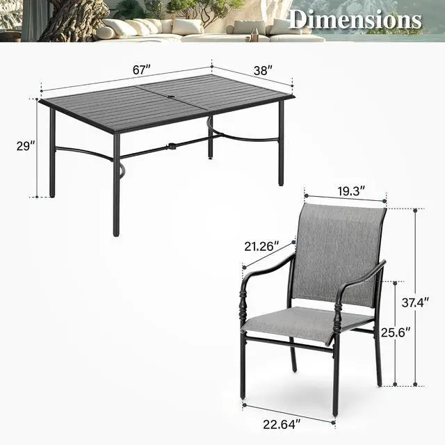 Alt view image 6 of 7 - HERA'S HOUSE 7pc Patio Dining Set, 67" Metal Table, 6 Textilene Chairs | Rectangular table with umbrella hole. Gourd armrest chairs. Waterproof, rust-resistant, all-weather for backyard, porch