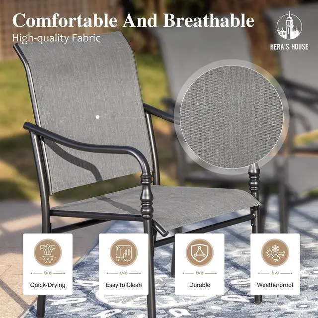 Alt view image 2 of 7 - HERA'S HOUSE 5pc Patio Dining Set, 42" Round Table, 4 Textilene Chairs | Metal table with umbrella hole. Gourd armrest chairs. Waterproof, rust-resistant, all-weather for backyard, porch