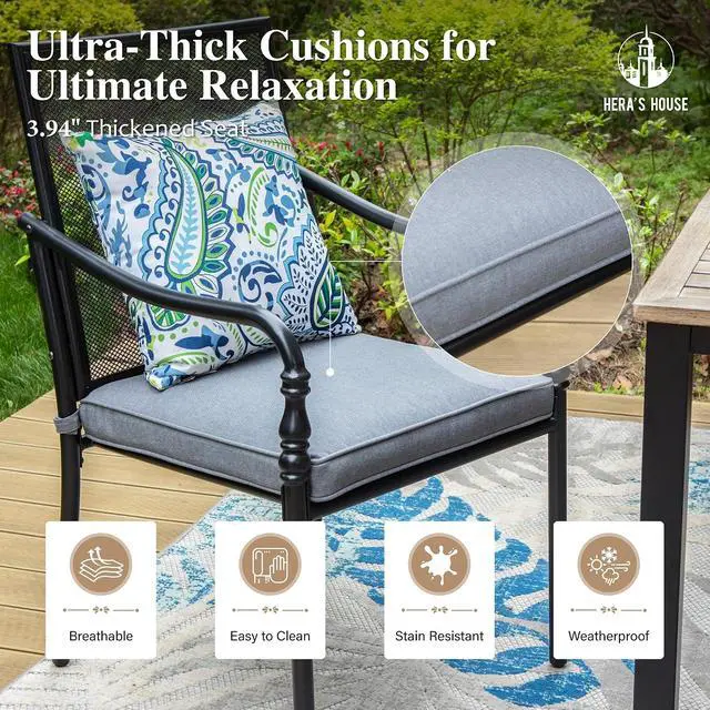 Alt view image 4 of 7 - HERA'S HOUSE Patio Dining Chairs Set of 4, Wrought Iron, Mesh | Metal cushioned chairs with armrests. All-weather, rust-resistant, breathable for deck, porch, garden