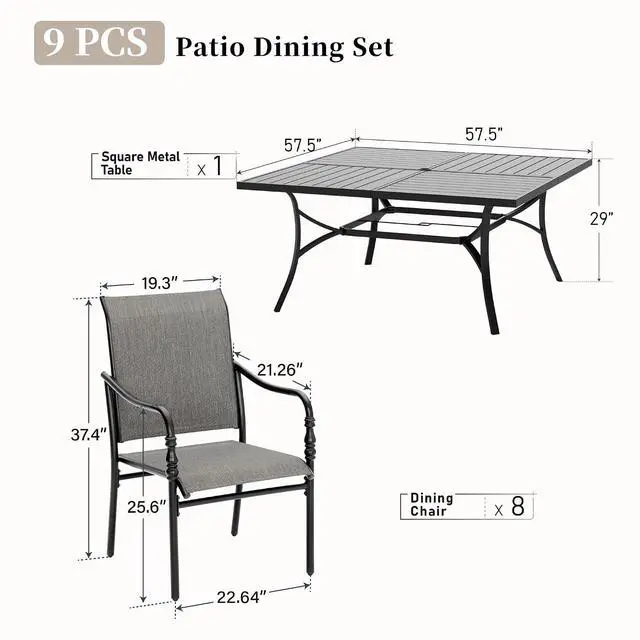 Alt view image 6 of 7 - HERA'S HOUSE 9pc Patio Dining Set, 57.5" Metal Table, 8 Textilene Chairs | Square table with umbrella hole. Gourd armrest chairs. Waterproof, rust-resistant, all-weather for backyard, porch